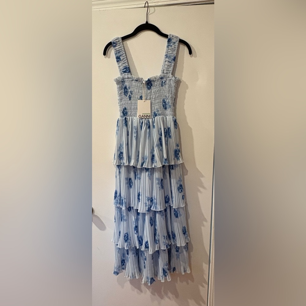 GANNI NWT Pleated Georgette Smock Midi Dress in Blue Floral Print, Size 34/Small